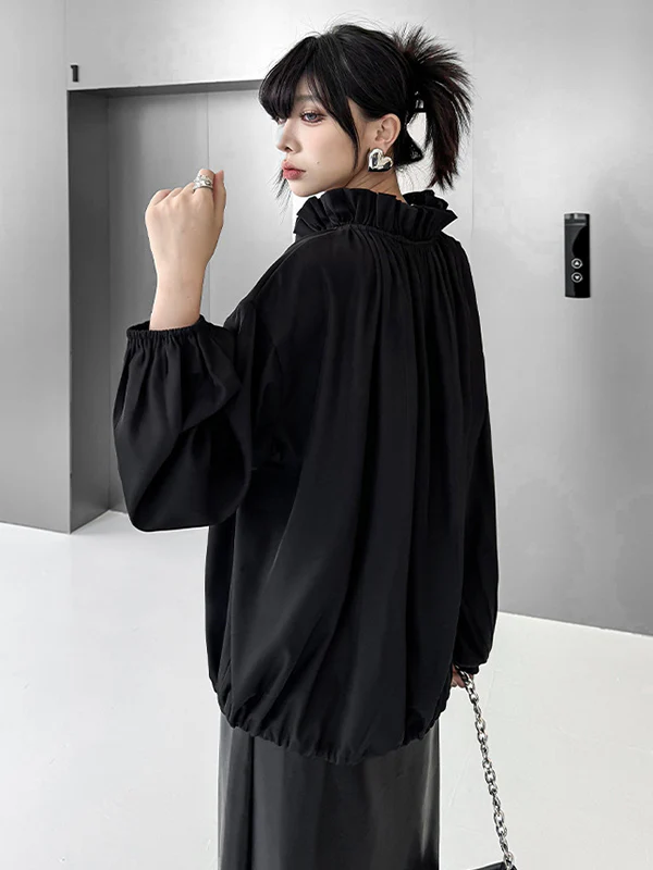 Long Sleeves Loose Drawstring Pleated Pullover Design Solid Color Lace Collar Blouses&Shirts Tops - Image 14