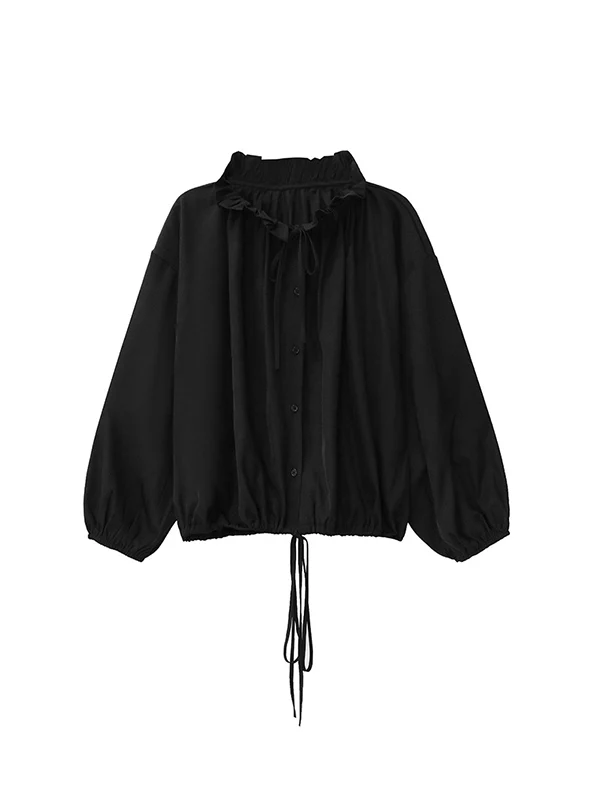 Long Sleeves Loose Drawstring Pleated Pullover Design Solid Color Lace Collar Blouses&Shirts Tops - Image 15