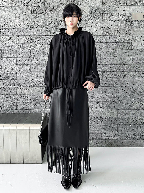 Long Sleeves Loose Drawstring Pleated Pullover Design Solid Color Lace Collar Blouses&Shirts Tops - Image 2