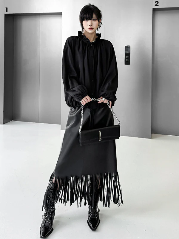 Long Sleeves Loose Drawstring Pleated Pullover Design Solid Color Lace Collar Blouses&Shirts Tops - Image 3