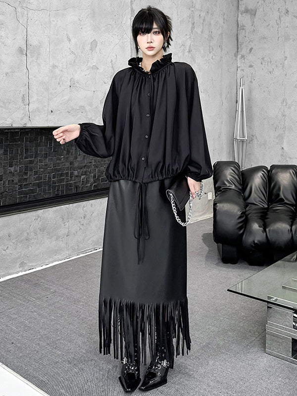 Long Sleeves Loose Drawstring Pleated Pullover Design Solid Color Lace Collar Blouses&Shirts Tops - Image 4