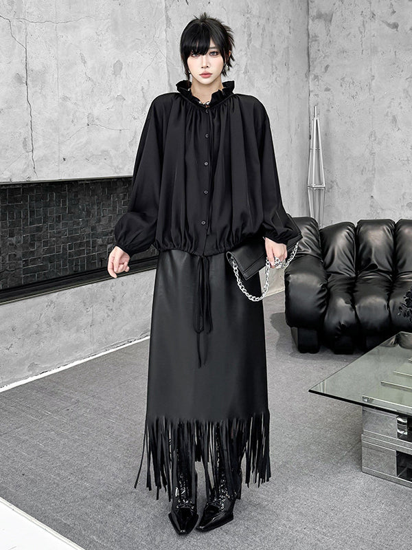 Long Sleeves Loose Drawstring Pleated Pullover Design Solid Color Lace Collar Blouses&Shirts Tops - Image 5