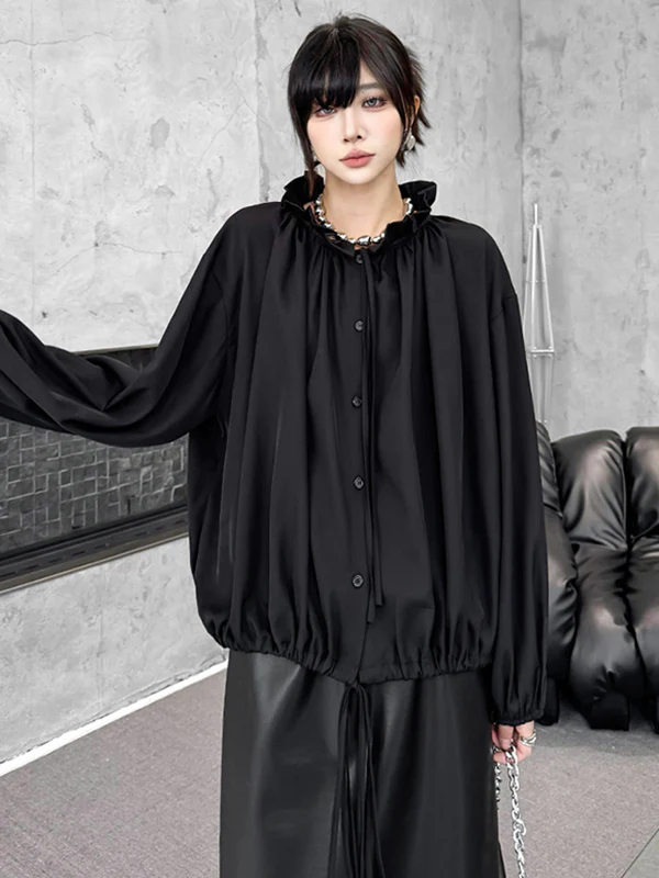 Long Sleeves Loose Drawstring Pleated Pullover Design Solid Color Lace Collar Blouses&Shirts Tops - Image 6
