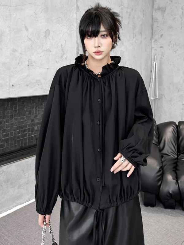 Long Sleeves Loose Drawstring Pleated Pullover Design Solid Color Lace Collar Blouses&Shirts Tops - Image 7