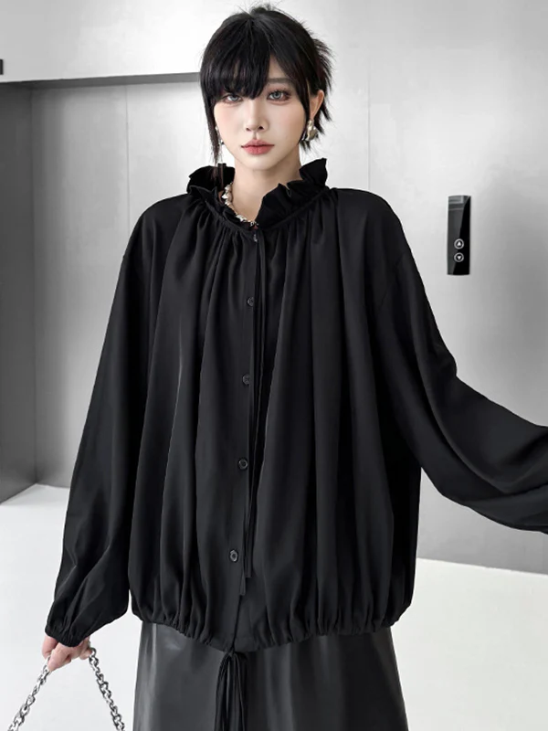 Long Sleeves Loose Drawstring Pleated Pullover Design Solid Color Lace Collar Blouses&Shirts Tops - Image 8