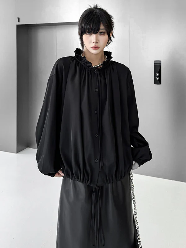 Long Sleeves Loose Drawstring Pleated Pullover Design Solid Color Lace Collar Blouses&Shirts Tops - Image 9