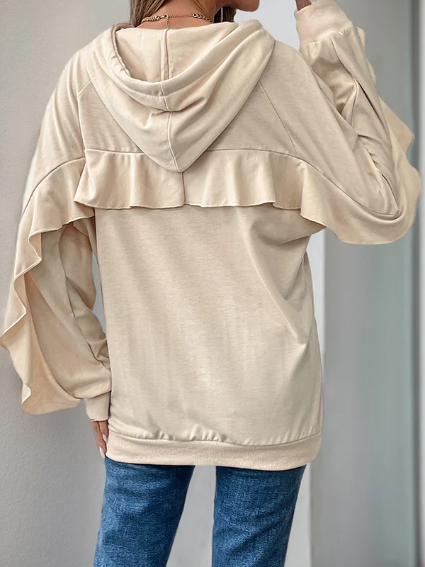 Long Sleeves Loose Drawstring Ruffle Trim Solid Color Split-Joint Hoodies Tops - Image 2