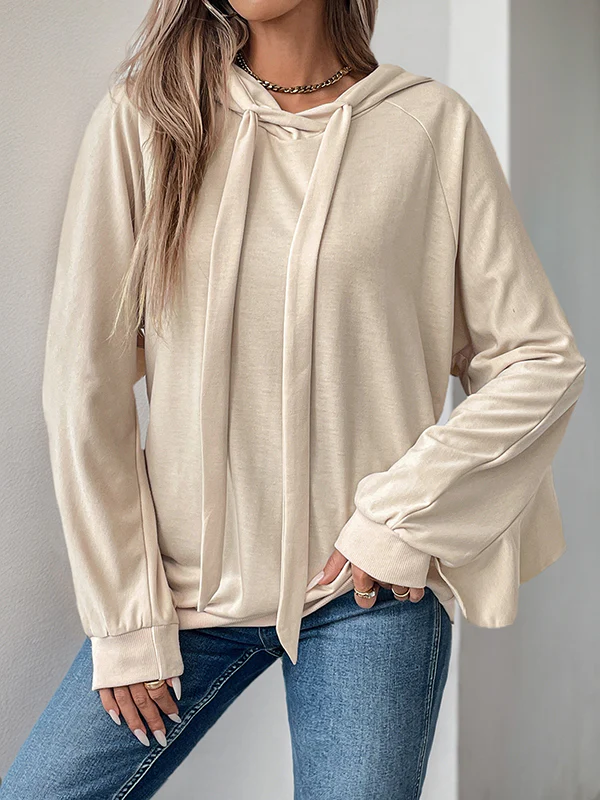 Long Sleeves Loose Drawstring Ruffle Trim Solid Color Split-Joint Hoodies Tops - Image 3