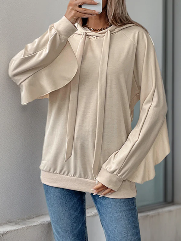 Long Sleeves Loose Drawstring Ruffle Trim Solid Color Split-Joint Hoodies Tops - Image 4