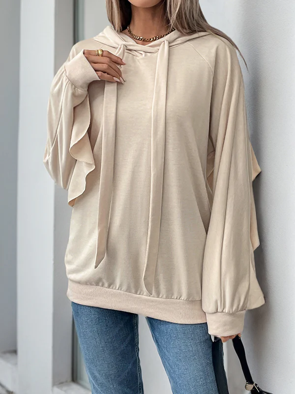 Long Sleeves Loose Drawstring Ruffle Trim Solid Color Split-Joint Hoodies Tops - Image 5
