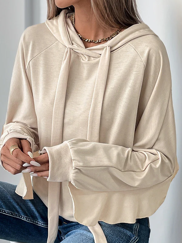 Long Sleeves Loose Drawstring Ruffle Trim Solid Color Split-Joint Hoodies Tops - Image 6
