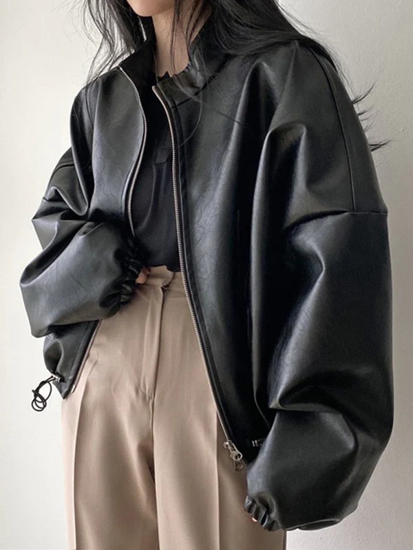 Long Sleeves Loose Drawstring Solid Color Zipper Stand Collar Jackets Outerwear - Image 2
