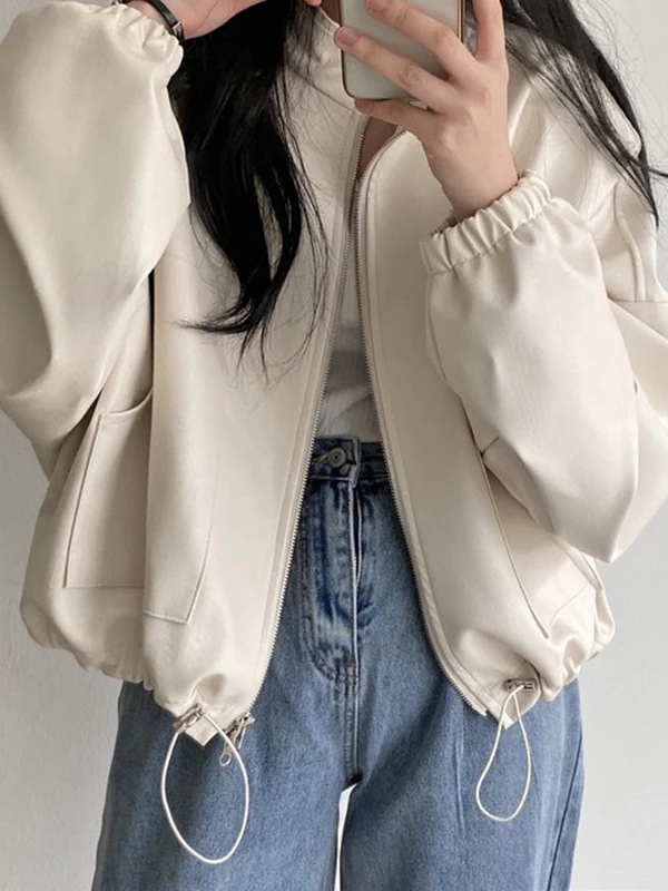 Long Sleeves Loose Drawstring Solid Color Zipper Stand Collar Jackets Outerwear - Image 3