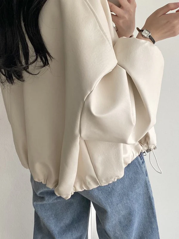 Long Sleeves Loose Drawstring Solid Color Zipper Stand Collar Jackets Outerwear - Image 4