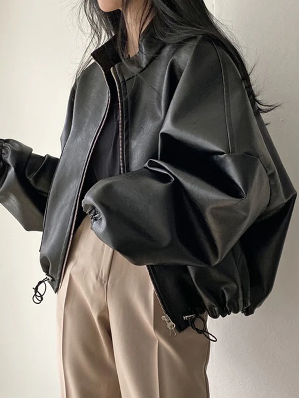 Long Sleeves Loose Drawstring Solid Color Zipper Stand Collar Jackets Outerwear - Image 5