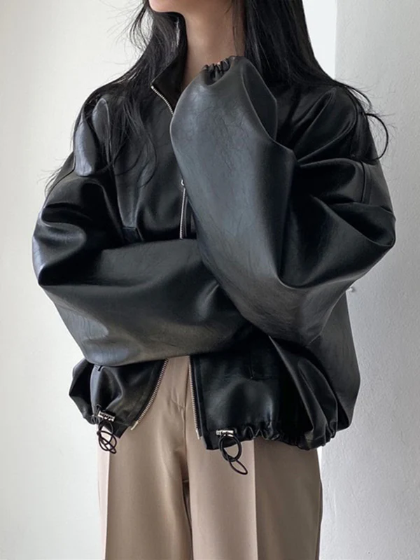 Long Sleeves Loose Drawstring Solid Color Zipper Stand Collar Jackets Outerwear - Image 6