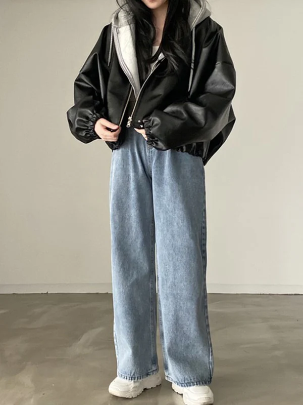 Long Sleeves Loose Drawstring Solid Color Zipper Stand Collar Jackets Outerwear - Image 7