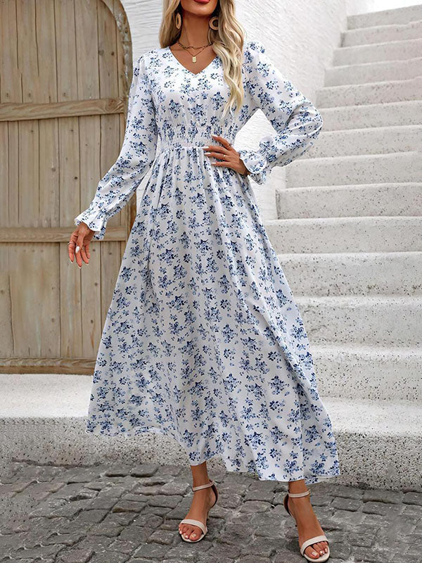 Long Sleeves Loose Elasticity Floral Printed V-Neck Maxi Dresses - Image 2