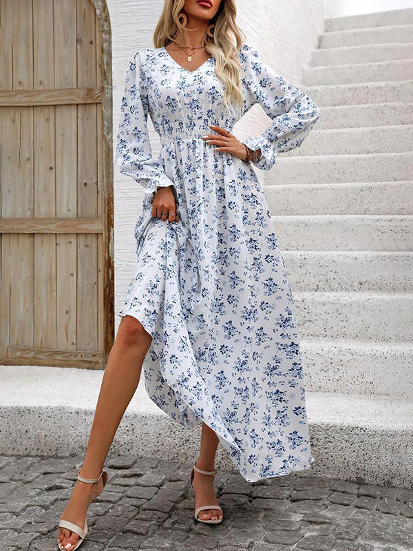 Long Sleeves Loose Elasticity Floral Printed V-Neck Maxi Dresses - Image 3