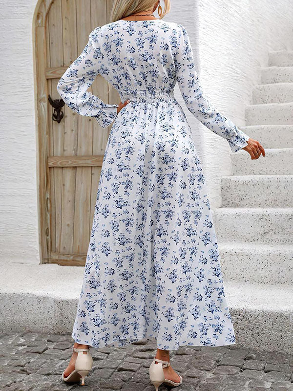 Long Sleeves Loose Elasticity Floral Printed V-Neck Maxi Dresses - Image 4