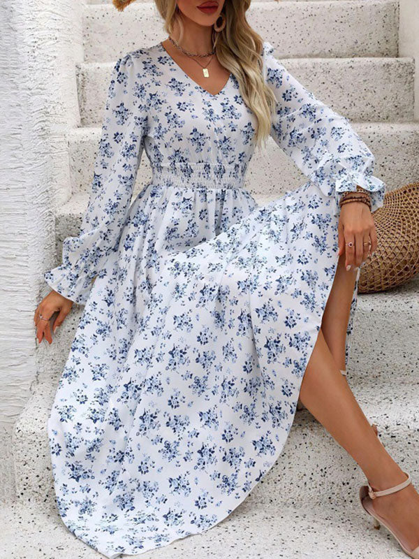 Long Sleeves Loose Elasticity Floral Printed V-Neck Maxi Dresses - Image 5