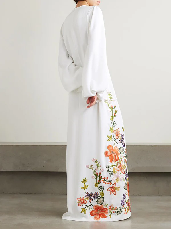 Long Sleeves Loose Elasticity Flower Print Round-Neck Maxi Dresses - Image 2