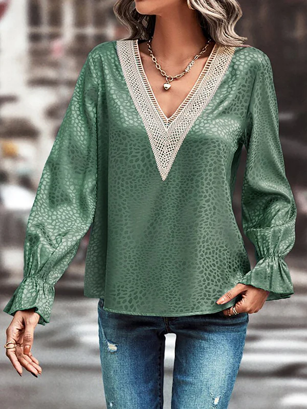 Long Sleeves Loose Elasticity Hollow Jacquard Leopard Split-Joint V-Neck Blouses&Shirts Tops - Image 6