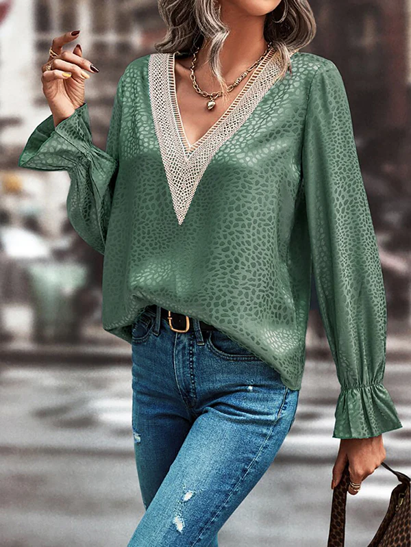 Long Sleeves Loose Elasticity Hollow Jacquard Leopard Split-Joint V-Neck Blouses&Shirts Tops - Image 8