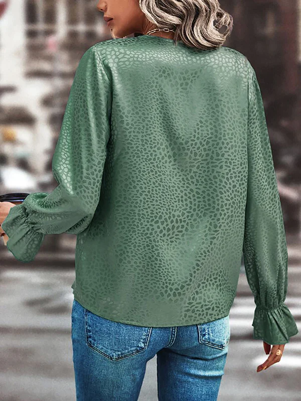 Long Sleeves Loose Elasticity Hollow Jacquard Leopard Split-Joint V-Neck Blouses&Shirts Tops - Image 9