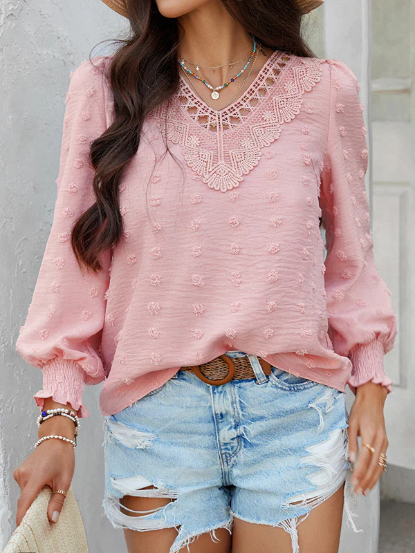Long Sleeves Loose Elasticity Hollow Jacquard Solid Color V-Neck Blouses&Shirts Tops - Image 12