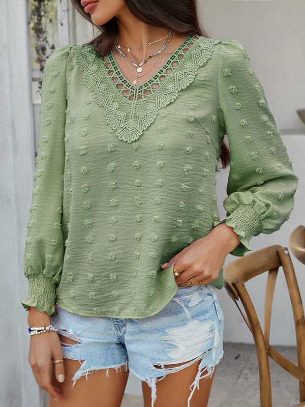 Long Sleeves Loose Elasticity Hollow Jacquard Solid Color V-Neck Blouses&Shirts Tops - Image 13