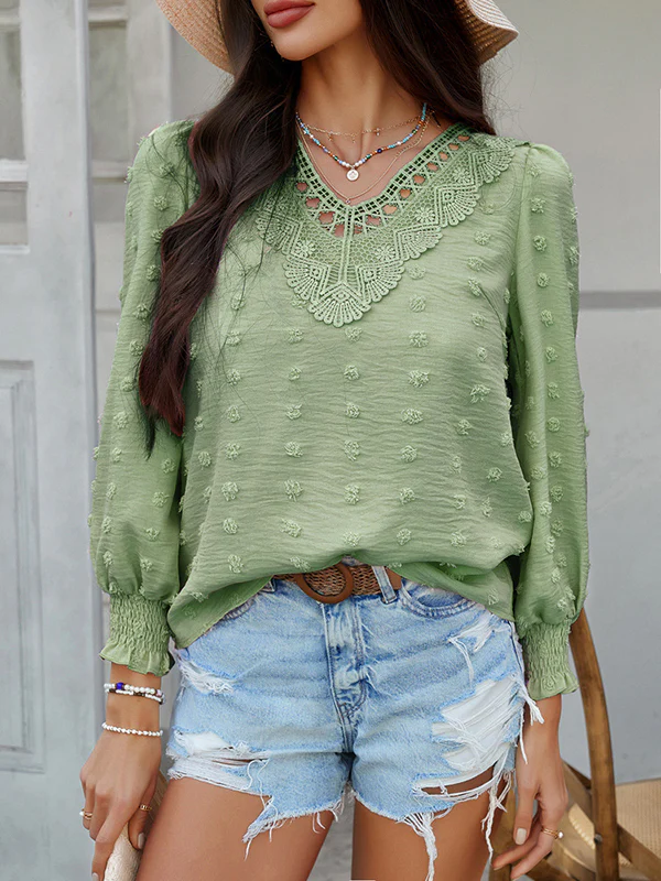 Long Sleeves Loose Elasticity Hollow Jacquard Solid Color V-Neck Blouses&Shirts Tops - Image 14