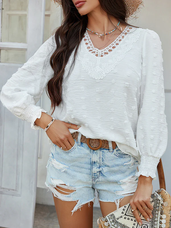 Long Sleeves Loose Elasticity Hollow Jacquard Solid Color V-Neck Blouses&Shirts Tops - Image 2