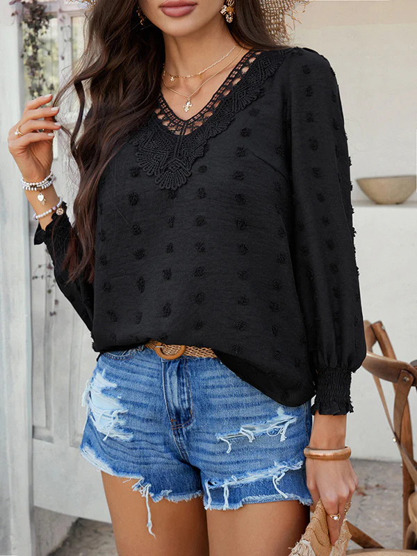 Long Sleeves Loose Elasticity Hollow Jacquard Solid Color V-Neck Blouses&Shirts Tops - Image 7
