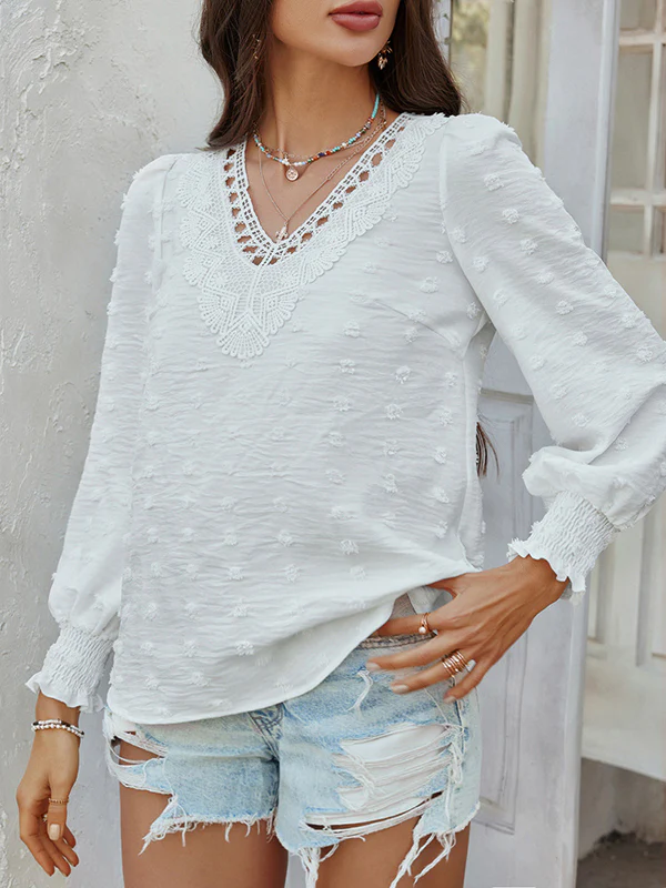 Long Sleeves Loose Elasticity Hollow Jacquard Solid Color V-Neck Blouses&Shirts Tops - Image 8
