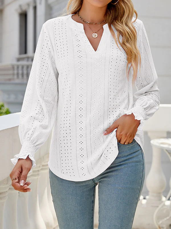 Long Sleeves Loose Elasticity Hollow Solid Color V-Neck T-Shirts Tops - Image 11