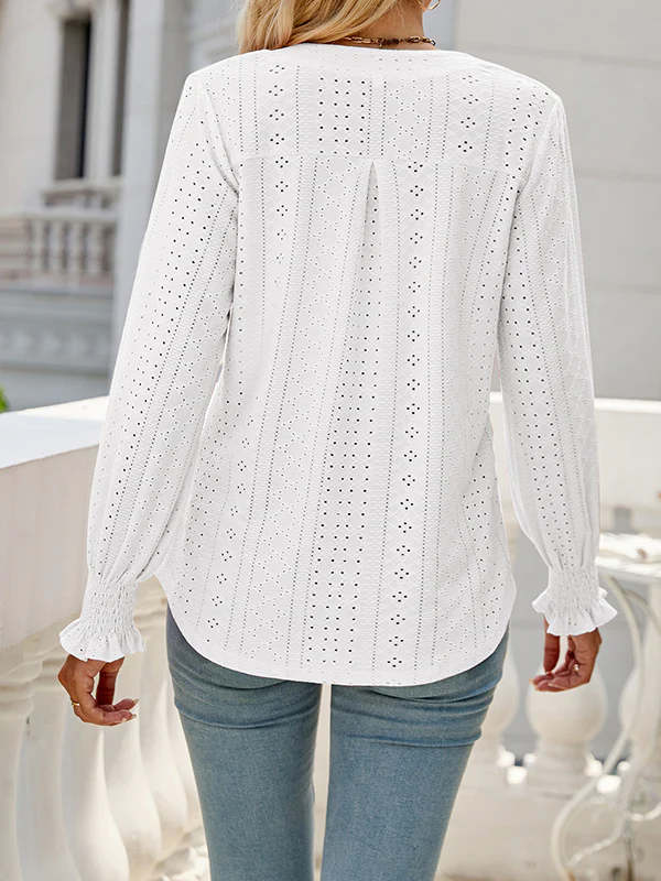 Long Sleeves Loose Elasticity Hollow Solid Color V-Neck T-Shirts Tops - Image 12