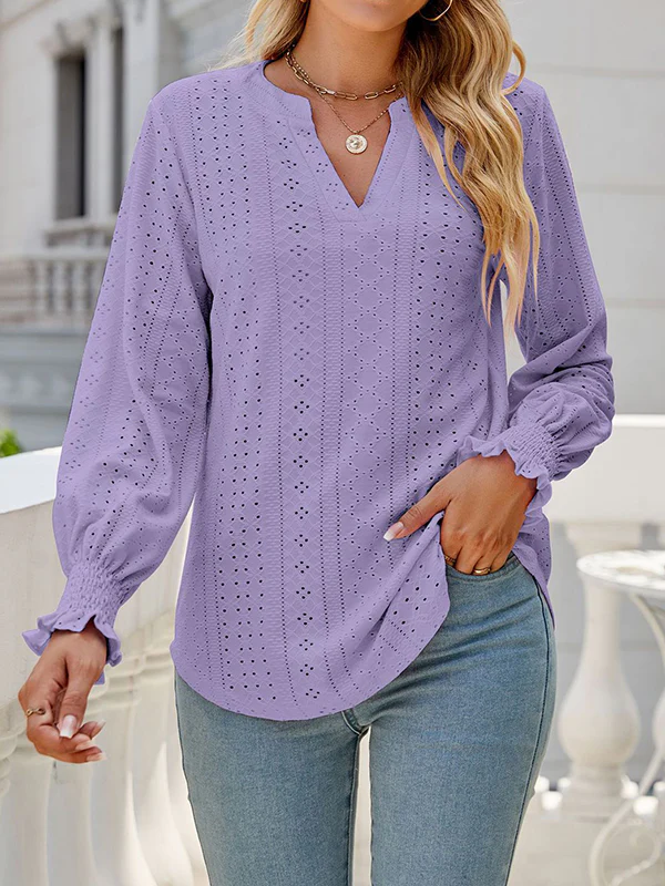 Long Sleeves Loose Elasticity Hollow Solid Color V-Neck T-Shirts Tops - Image 13