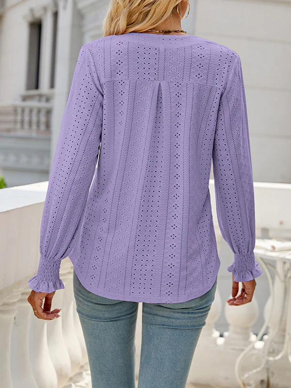 Long Sleeves Loose Elasticity Hollow Solid Color V-Neck T-Shirts Tops - Image 14