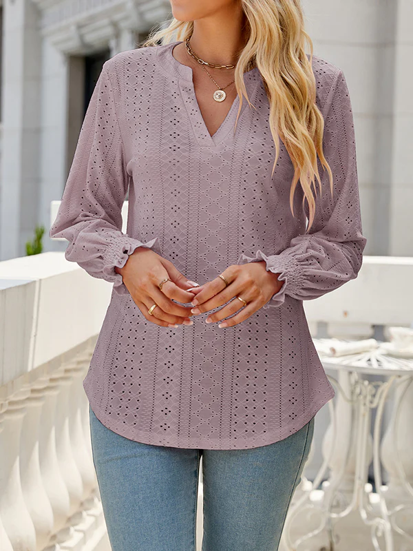 Long Sleeves Loose Elasticity Hollow Solid Color V-Neck T-Shirts Tops - Image 15