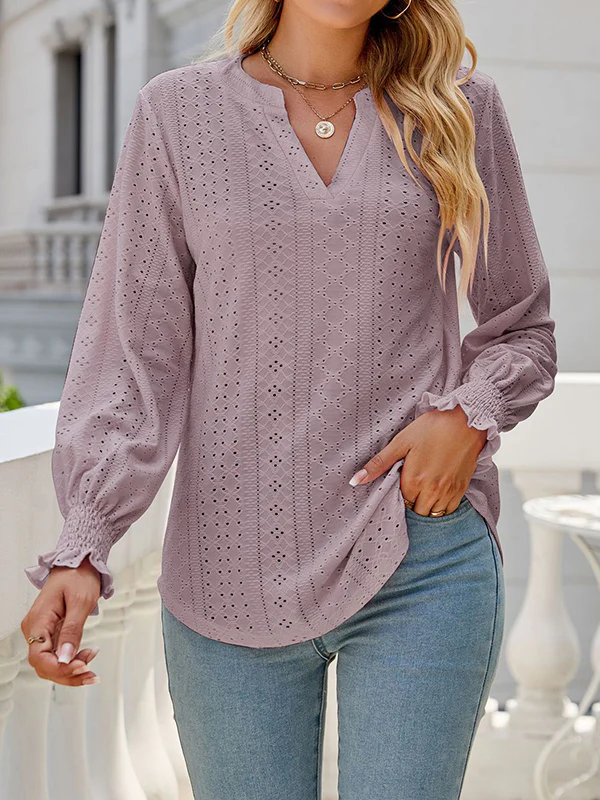 Long Sleeves Loose Elasticity Hollow Solid Color V-Neck T-Shirts Tops - Image 16