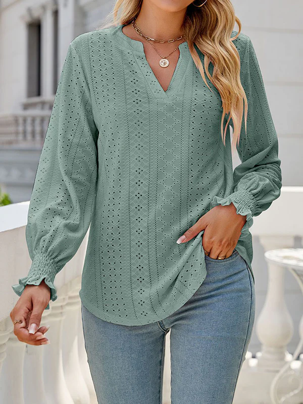 Long Sleeves Loose Elasticity Hollow Solid Color V-Neck T-Shirts Tops - Image 17