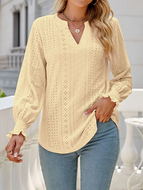 Long Sleeves Loose Elasticity Hollow Solid Color V-Neck T-Shirts Tops - Image 19