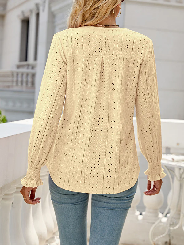 Long Sleeves Loose Elasticity Hollow Solid Color V-Neck T-Shirts Tops - Image 20