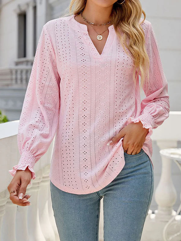 Long Sleeves Loose Elasticity Hollow Solid Color V-Neck T-Shirts Tops - Image 21