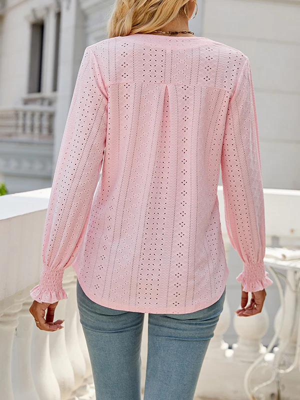 Long Sleeves Loose Elasticity Hollow Solid Color V-Neck T-Shirts Tops - Image 22