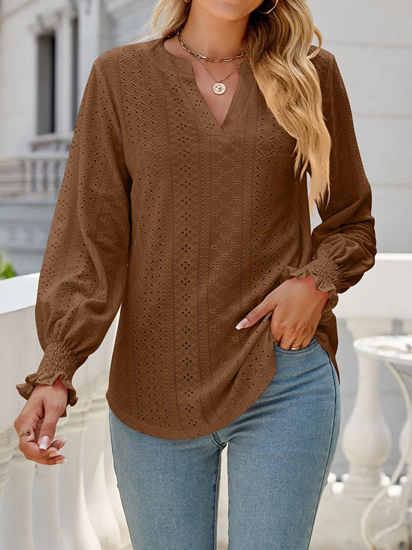 Long Sleeves Loose Elasticity Hollow Solid Color V-Neck T-Shirts Tops - Image 23