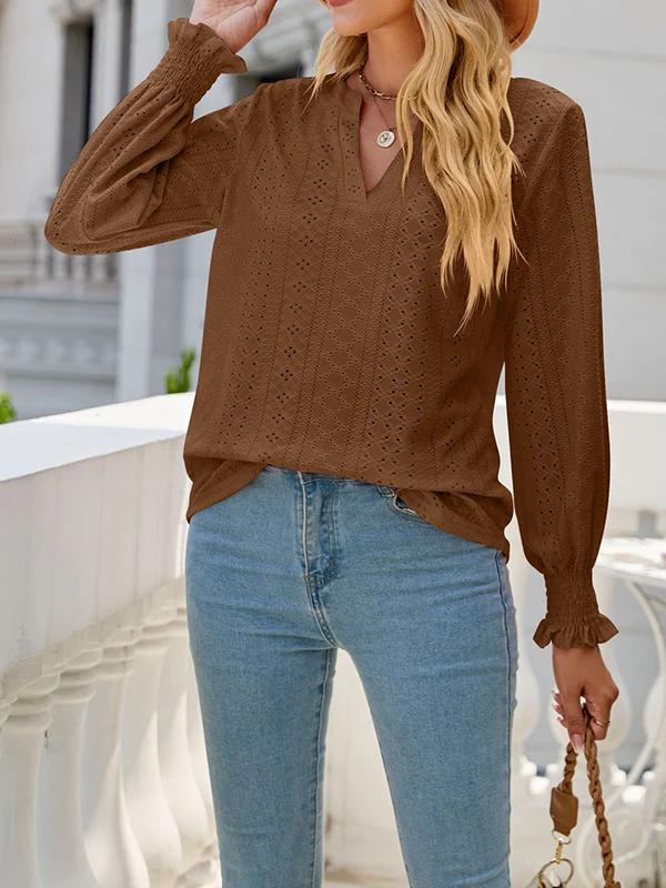 Long Sleeves Loose Elasticity Hollow Solid Color V-Neck T-Shirts Tops - Image 24