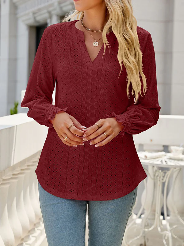 Long Sleeves Loose Elasticity Hollow Solid Color V-Neck T-Shirts Tops - Image 25