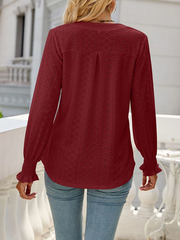 Long Sleeves Loose Elasticity Hollow Solid Color V-Neck T-Shirts Tops - Image 26